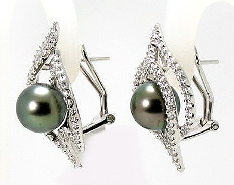 9MM Black Tahitian Pearl Diamond Omega Clip Earrings;14K White Gold; 1.10Ct. Diamonds