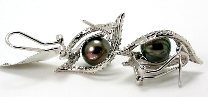 9MM Black Tahitian Pearl Diamond Omega Clip Earrings;14K White Gold; 1.10Ct. Diamonds