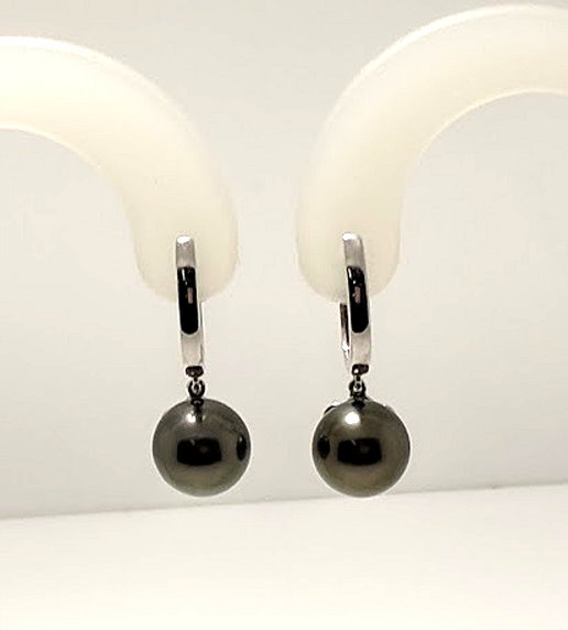 9MM Black Tahitian Pearl Dangle Earrings, 14K White Gold