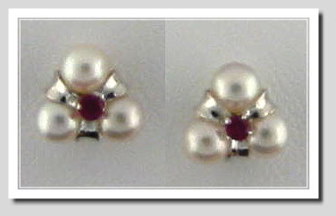 Three Cultured Pearl Earring w/Ruby, 14K White Gold