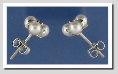 Three Cultured Pearl Earring w/Ruby, 14K White Gold