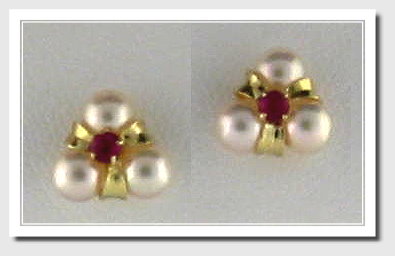 Three Cultured Pearl Earring w/Ruby, 14K Yellow Gold