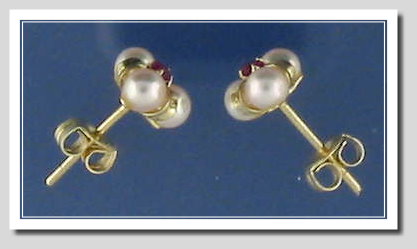 Three Cultured Pearl Earring w/Ruby, 14K Yellow Gold