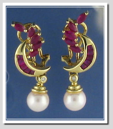 Genuine Akoya Pearl, Ruby & Diamond Earrings, 14K Gold Dangle Style