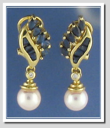 Genuine Cultured Pearl & Sapphire Earrings, 14K Gold w/Omega Clips