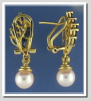 Genuine Cultured Pearl & Sapphire Earrings, 14K Gold w/Omega Clips