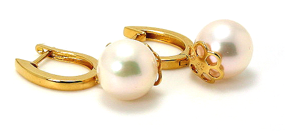 AAA 9.2MM Japanese Akoya Pearl Dangle Earrings, 18K Yellow Gold