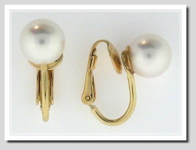 AAA 8-8.5MM White Akoya Cultured Pearl Clip-On Earrings, 14K Yellow Gold