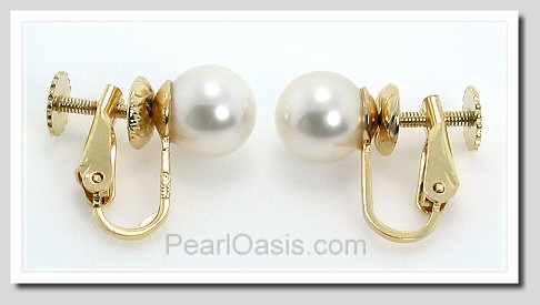 AAA 8-8.5MM White Japanese Akoya Pearl Clip On Earrings 14K Gold Hinged Screw Backs