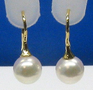 AAA Grade 8-8.5MM Japanese Akoya Cultured Pearl Earrings 14K Yellow Gold French Hoop