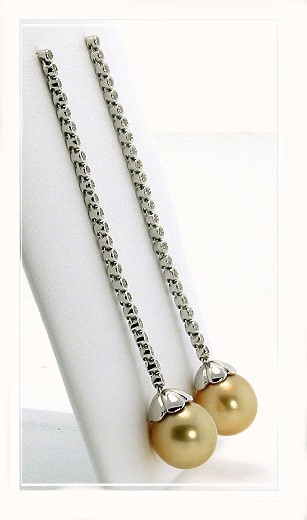 9.7MM Dark Golden South Sea Pearl Dangle Earrings, 0.41ct. Diamonds, 18K W Gold