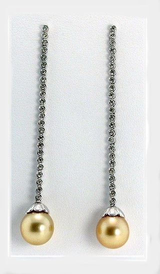 9.7MM Dark Golden South Sea Pearl Dangle Earrings, 0.41ct. Diamonds, 18K W Gold