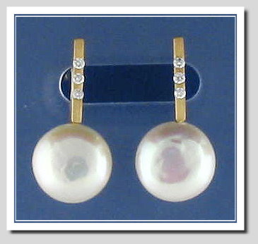 10.5MM Coin Pearl Diamond Earrings 18K Y Gold