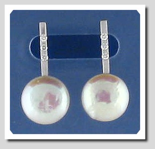 9.4MM FW Cultured Pearl Earrings w/Diamonds, 18K White Gold