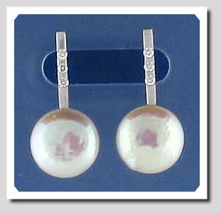 9.4MM FW Cultured Pearl Earrings w/Diamonds, 18K White Gold
