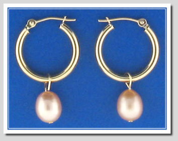 14K Yellow Gold Hoop Earrings w/6.5X8MM Pink FW Pearl Charm 