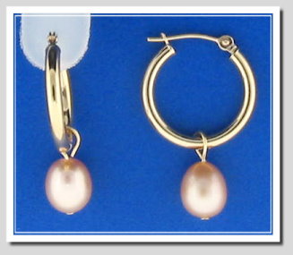 14K Yellow Gold Hoop Earrings w/6.5X8MM Pink FW Pearl Charm 