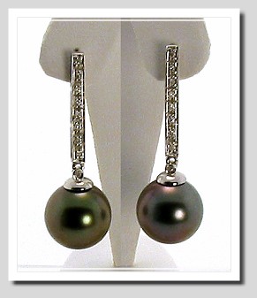 11.25MM Dark Gray Tahitian Pearl Diamond Drop Earrings 14K Gold