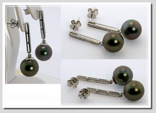 11.25MM Dark Gray Tahitian Pearl Diamond Drop Earrings 14K Gold