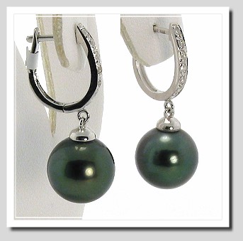 9.85Mm Black Tahitian Pearl Diamond Hinge Hoop Earring 14K White Gold