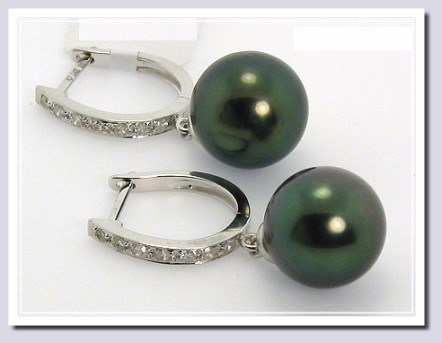 9.85Mm Black Tahitian Pearl Diamond Hinge Hoop Earring 14K White Gold