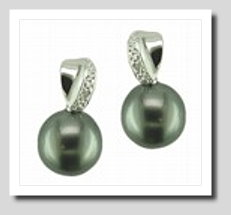 9.7MM Peacock Tahitian Pearl Diamond Earring Studs 14K White Gold