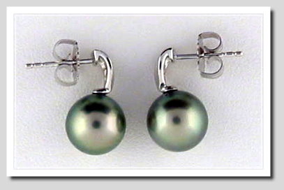 9.7MM Peacock Tahitian Pearl Diamond Earring Studs 14K White Gold