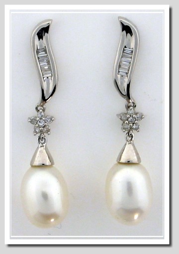 7X8MM White Freshwater Cultured Pearl Diamond Earrings 14K White Gold