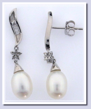 7X8MM White Freshwater Cultured Pearl Diamond Earrings 14K White Gold