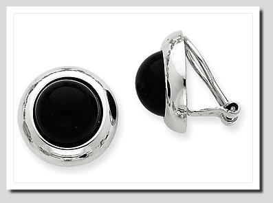 10MM Black Onyx Non Pierced Button Earrings 14K White Gold Clip On