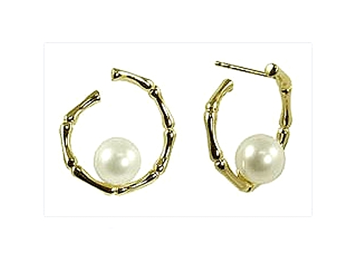 7.5MM White Freshwater Pearl Bamboo Style Earrings 14K Gold