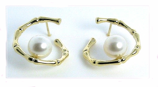 7.5MM White Freshwater Pearl Bamboo Style Earrings 14K Gold