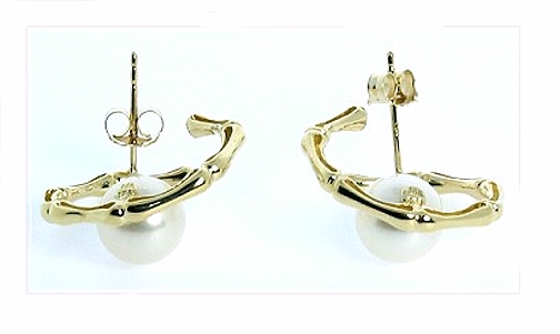 7.5MM White Freshwater Pearl Bamboo Style Earrings 14K Gold