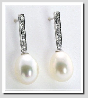 8X10MM Freshwater Pearl Diamond Earrings 14K White Gold