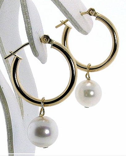 7-75MM White Akoya Pearl Hoop Earrings 14K Yellow Gold