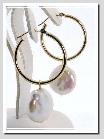 14-15MM White Coin Pearl Hoop Earrings 14K Yellow Gold