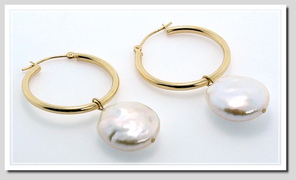 14-15MM White Coin Pearl Hoop Earrings 14K Yellow Gold