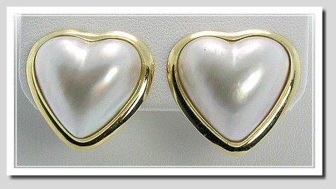 17X17MM White Heart Mabe Earrings 14K Yellow Gold Omega Clips