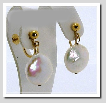 13-14MM White Coin Pearl Dangle Screw On Earrings 14K Gold