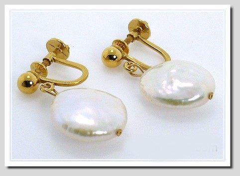 13-14MM White Coin Pearl Dangle Screw On Earrings 14K Gold