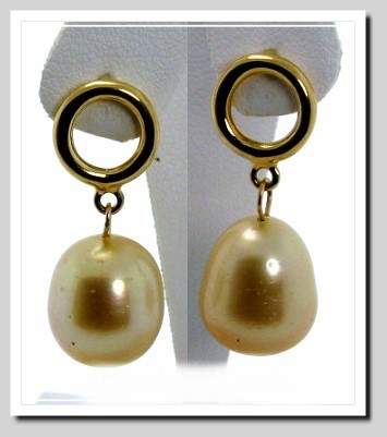 11X13MM Golden South Sea Pearl Dangle Earrings 14K Gold 