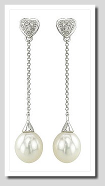 8X9MM Freshwater Pearl Long Drop Heart Earrings 14K White Gold 