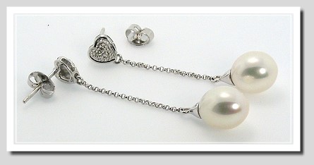 8X9MM Freshwater Pearl Long Drop Heart Earrings 14K White Gold 