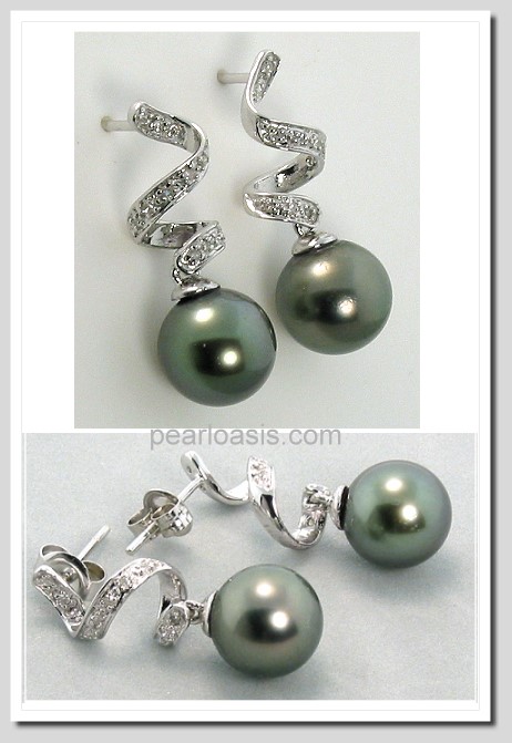 9.12MM Dark Gray Tahitian Pearl Diamond Earrings, 14K White Gold