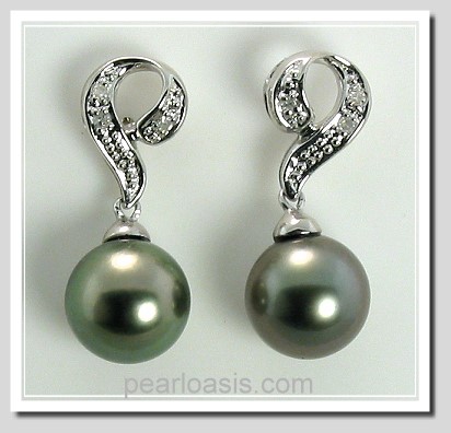 9.2MM Dark Gray Tahitian Pearl Diamond Earrings, 14K White Gold
