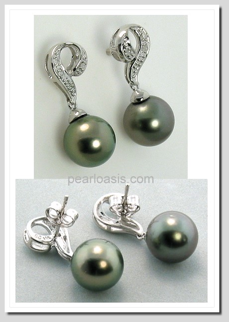 9.2MM Dark Gray Tahitian Pearl Diamond Earrings, 14K White Gold
