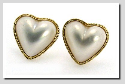 17MM Heart Shape Mabe Pearl Earrings 14K Yellow Gold Omega Clips