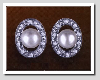 AAA 7-7.5MM White FW Pearl & Diamond Earrings 14K White Gold