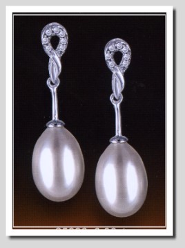 AAA 8X12MM FW Pearl & Diamond Earrings 14K White Gold