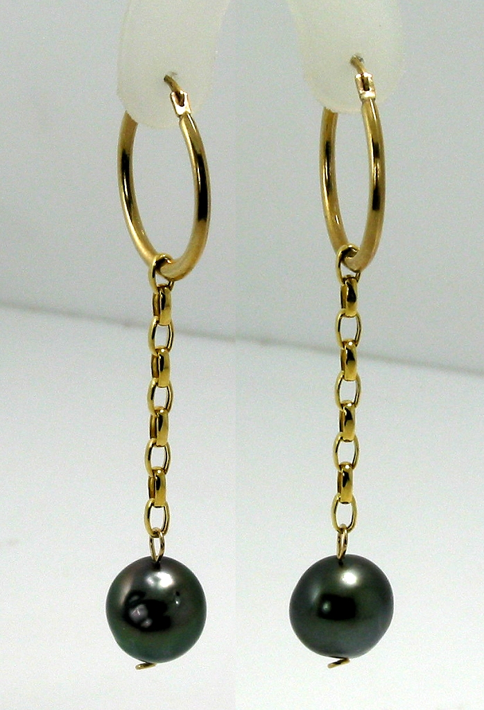 9.9MM Gray Tahitian Pearl Long Drop Earrings, 10K Yellow Gold